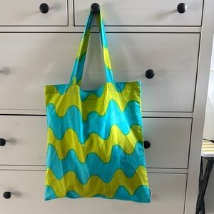 Marimekko Blue and Green Wavy Stripe Tote Bag